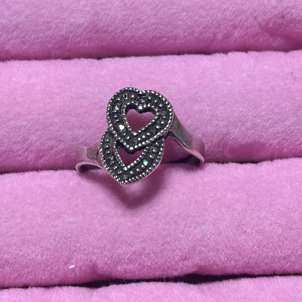 Sterling silver double Heart marcasite Ring size 6